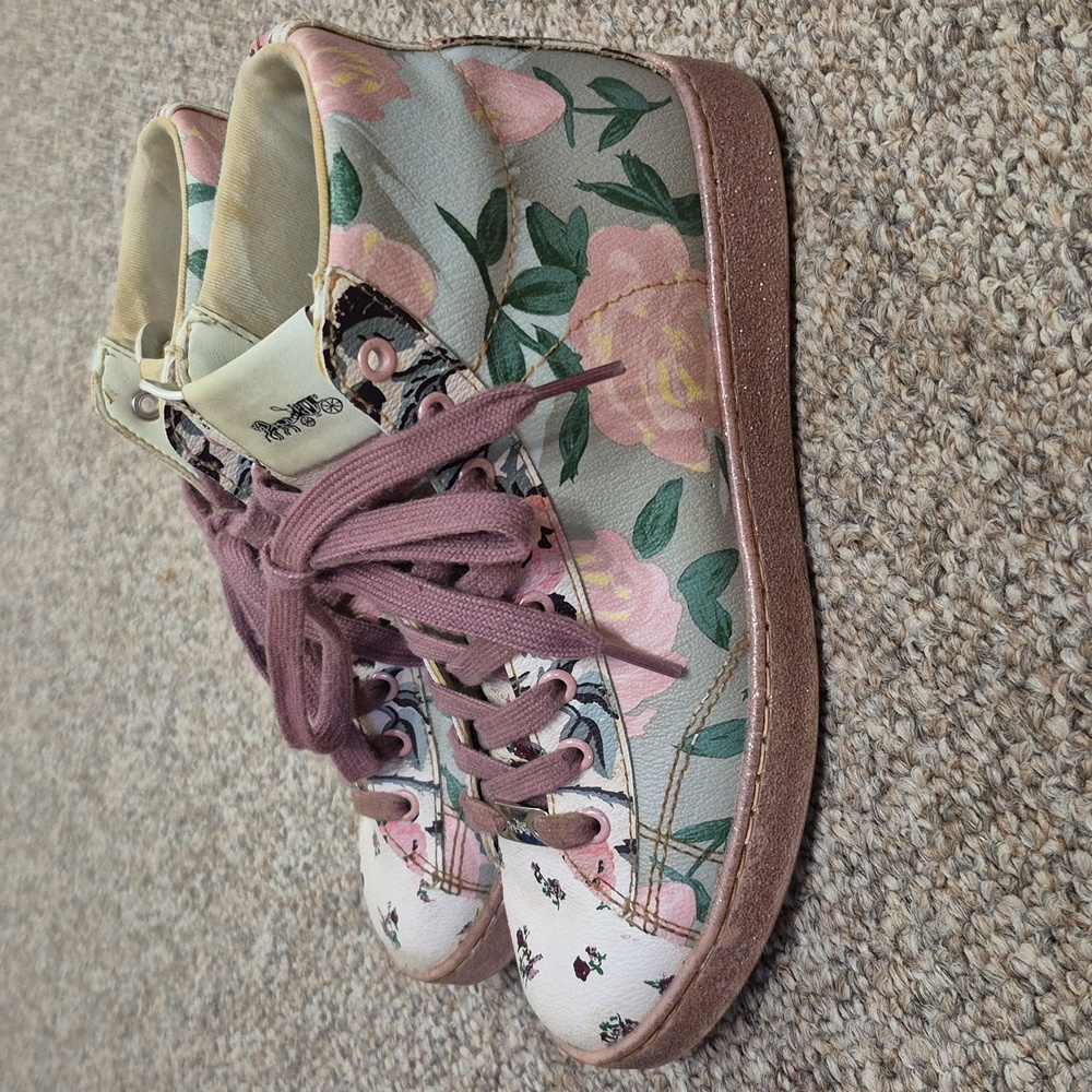 Coach C204 Floral Glitter Rose Print High-Top Sneakers Size 6 GUC